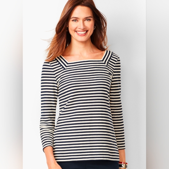Talbots Tops - Talbots Square Neck Texture Navy Blue White Stripe 3/4 Sleeve Top Sz Med *NWOT